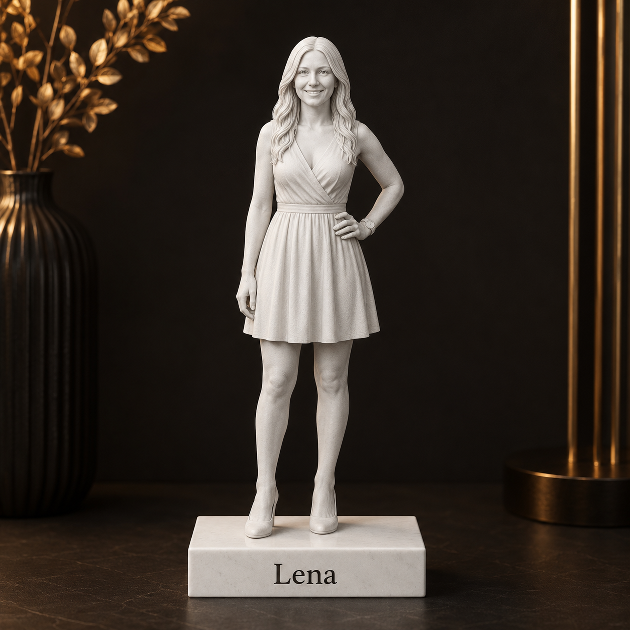 Personalisierte 3D-Figur nach Foto in kaltweißer PLA-Marmoroptik auf weißem Sockel