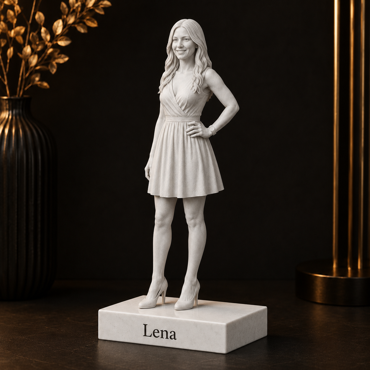 Seitenansicht der personalisierten 3D-Figur auf glattem weißen Sockel