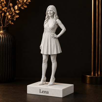 Seitenansicht der personalisierten 3D-Figur auf glattem weißen Sockel