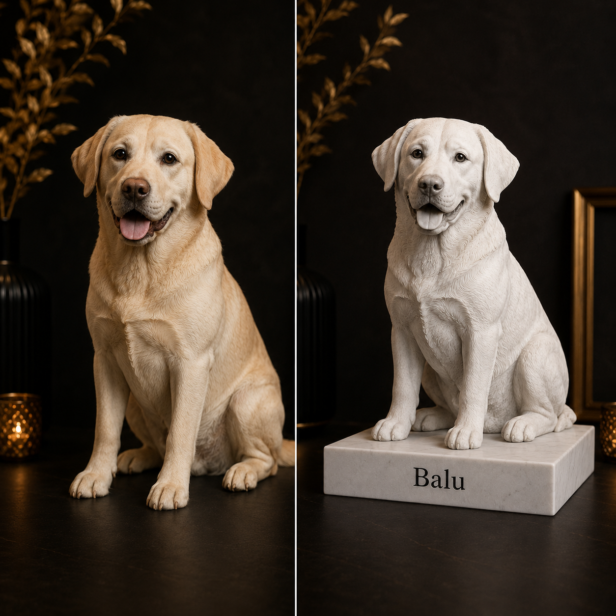 Vorher-Nachher Bild vom Hundefoto zur personalisierten Hunde-Figur