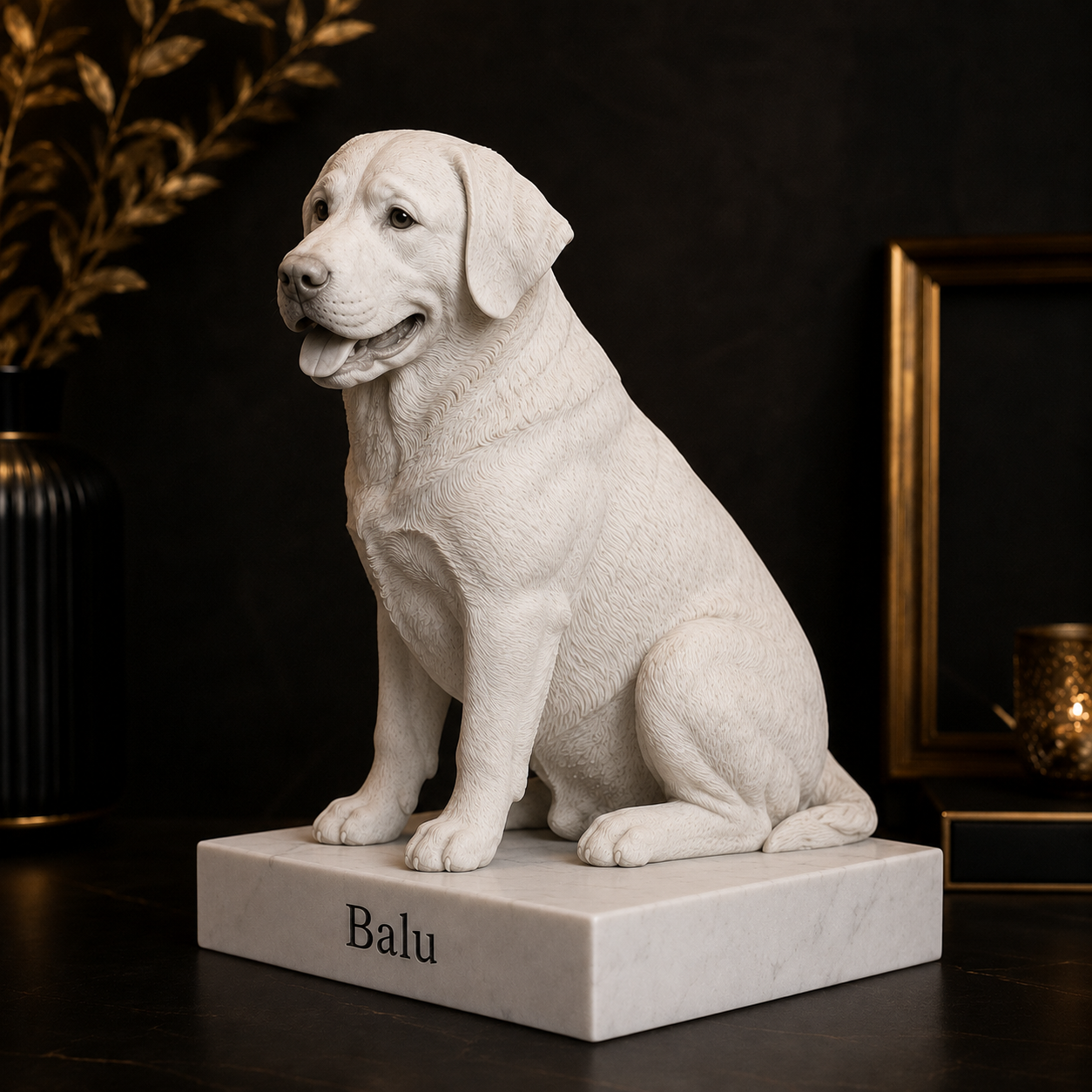 Seitenansicht der personalisierten Hunde-Figur auf glattem weißen Sockel