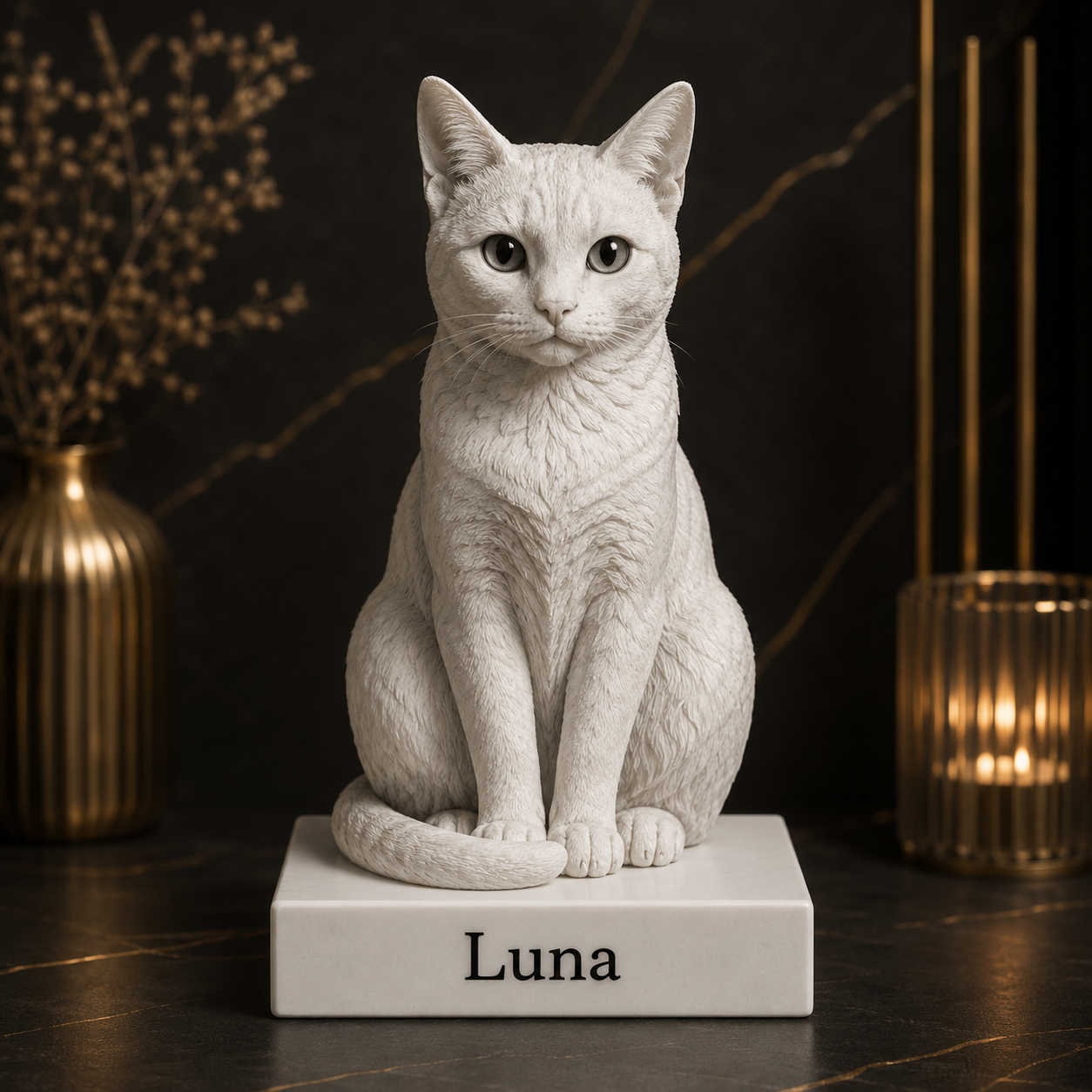 Personalisierte Katzen-Figur nach Foto in kaltweißer PLA-Marmoroptik auf weißem Sockel