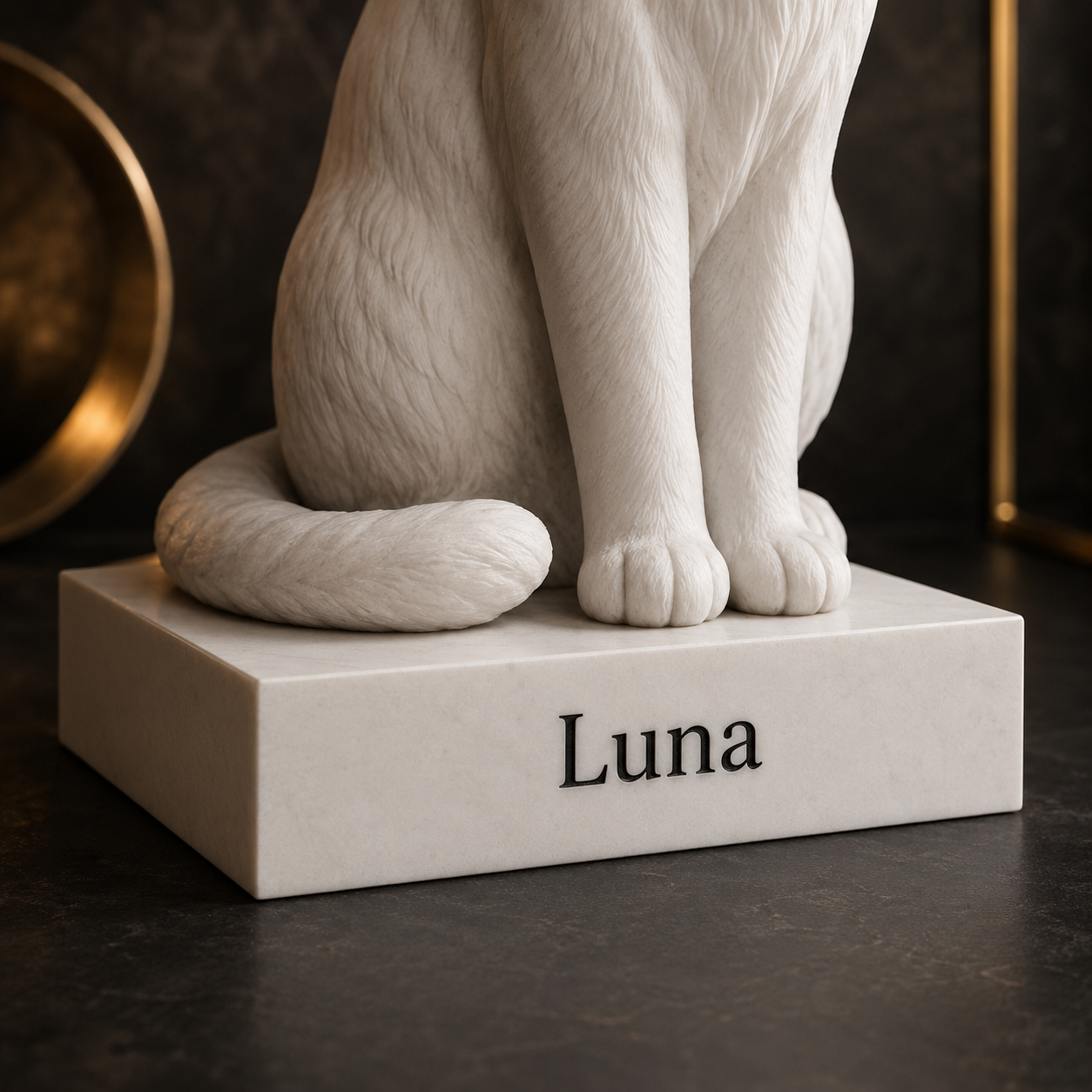 Personalisierte Katzen-Figur mit schwarzer Gravur auf weißem Sockel