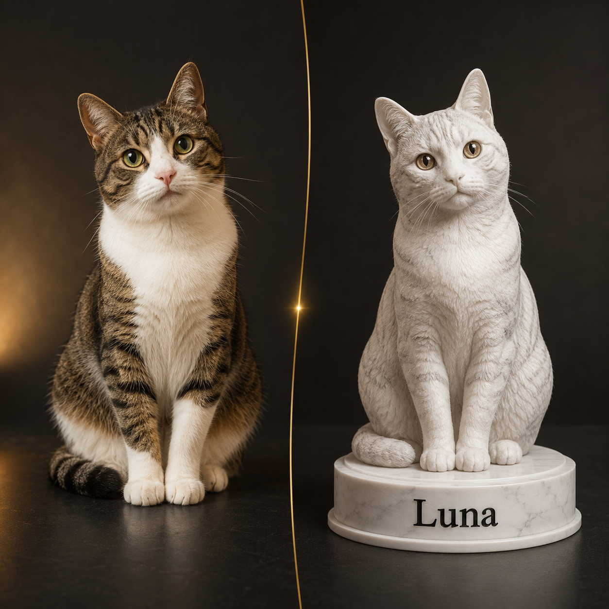 Vorher-Nachher Bild vom Katzenfoto zur personalisierten Katzen-Figur