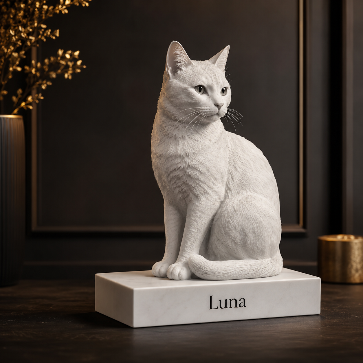 Seitenansicht der personalisierten Katzen-Figur auf glattem weißen Sockel