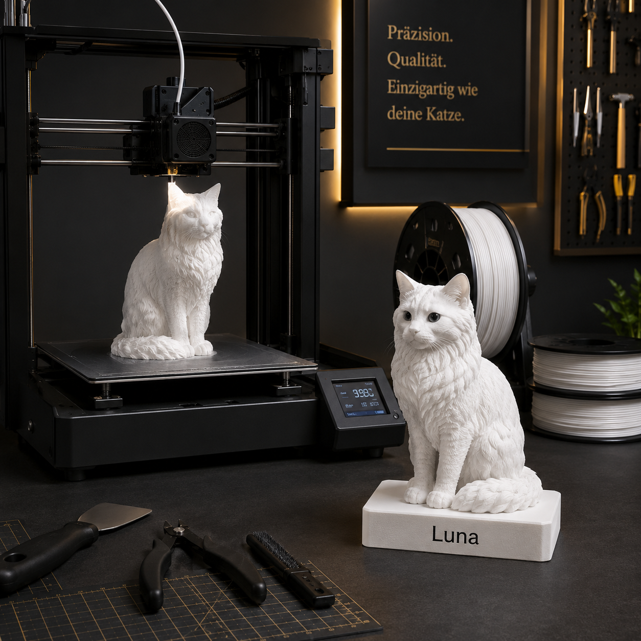 Produktion einer personalisierten Katzen-Figur im 3D-Druck