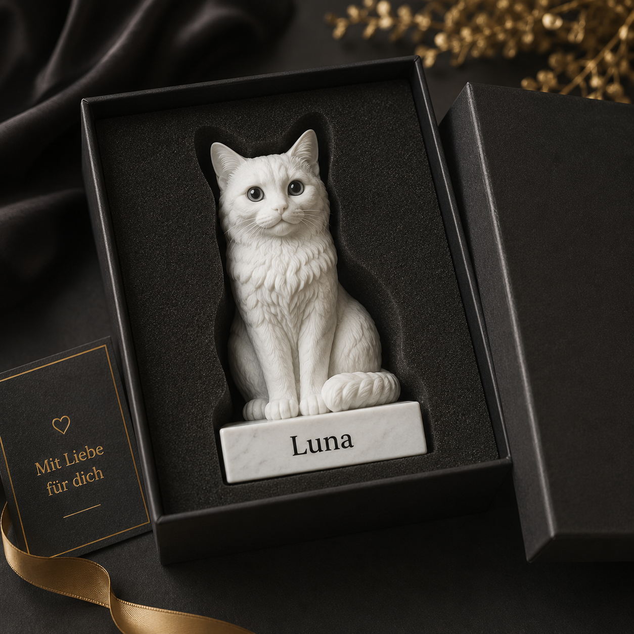 Sicher verpackte personalisierte Katzen-Figur als Geschenk