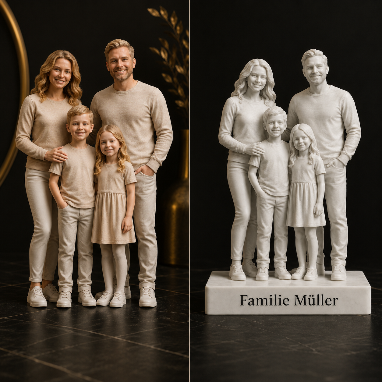 Vorher-Nachher Bild vom Familienfoto zur personalisierten 3D-Figur