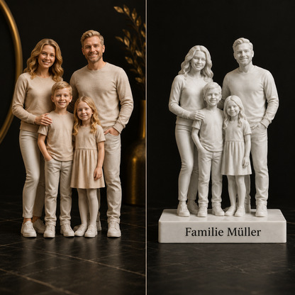 Vorher-Nachher Bild vom Familienfoto zur personalisierten 3D-Figur